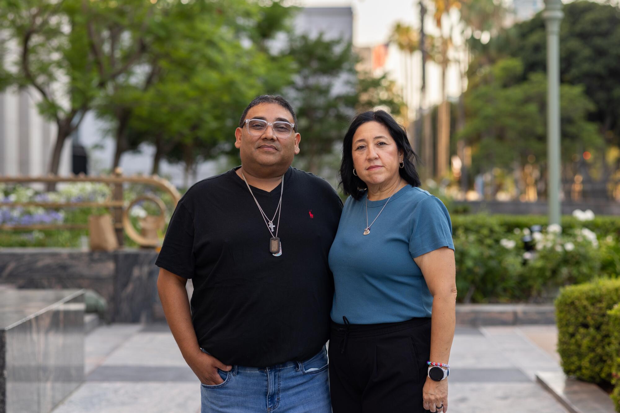 Jerry and Veronica Mata stand in front of the Spring Street Courthouse on Thursday, July 17, 2025 in Los Angeles.